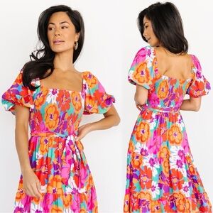 NWT XL BALTIC BORN Mazatlan Maxi Dress Floral Puff Sleeve, Tie, Multi Orange Red